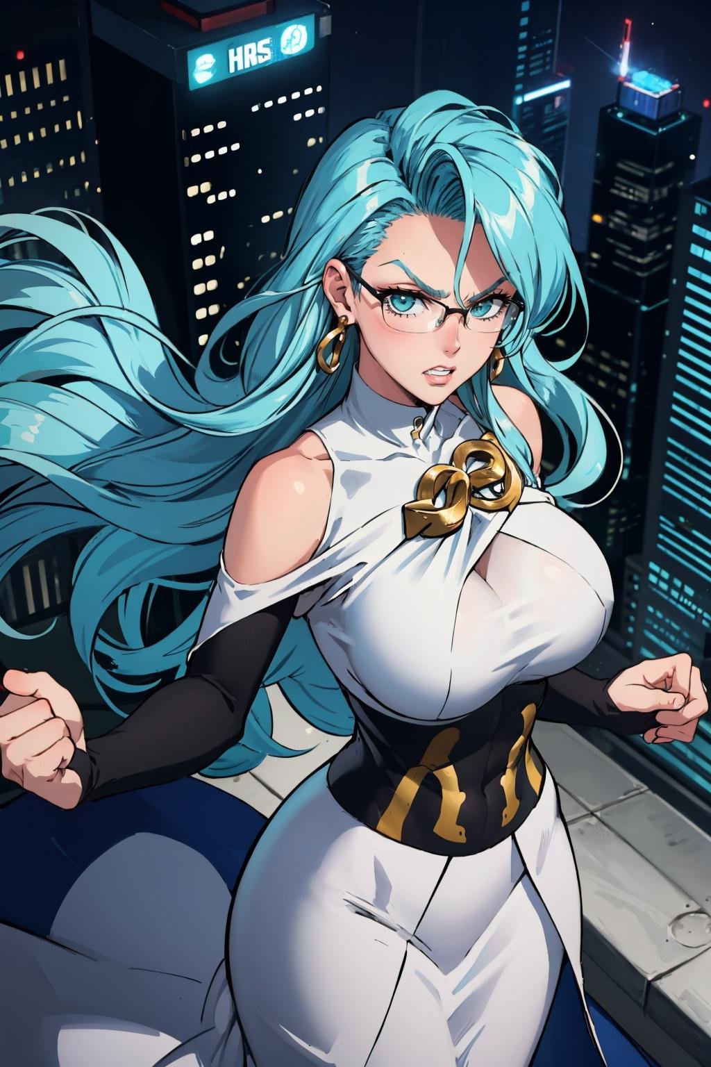 masterpiece, best quality, <lora:psykos-nvwls-v1-000010:0.9> psykos, aqua hair, glasses, earrings, white dress, underbust, bridal gauntlets, huge breasts, cowboy shot, looking at viewer, furrowed brow, clenched teeth, fist, from above, cityscape, (flying:1.4)