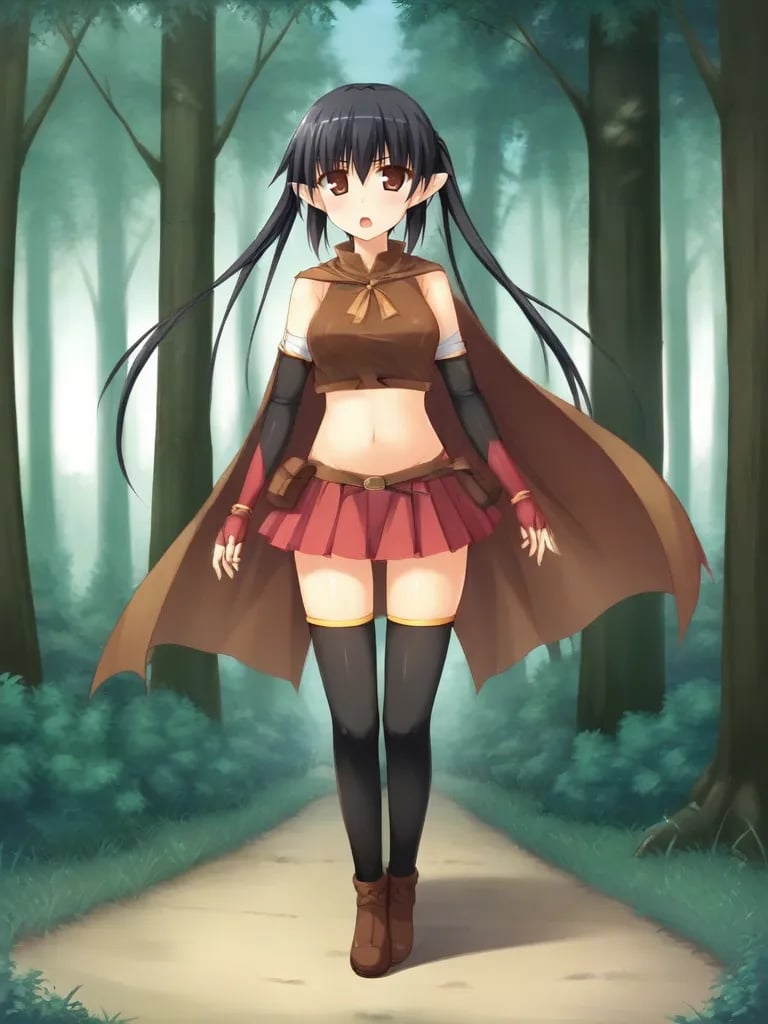 <lora:lucheforforestpony:0.8>1girl, solo, luceeoff black hair, twintails, brown eyes, pointy ears, brown croptop, sleeveless, navel, cape, elbow gloves, fingerless gloves, skirt, miniskirt, thighhighs, brown shoes, standing, outdoors, forest, full body, looking at viewer, open mouth, serious