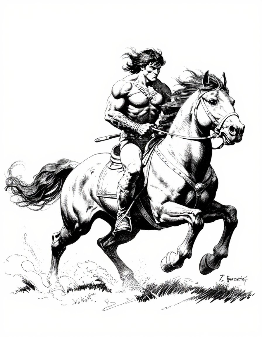 z_frazetta_ink,  amazon warrior riding a horse,  galloping through a field by inknoir on Tensor.Art
