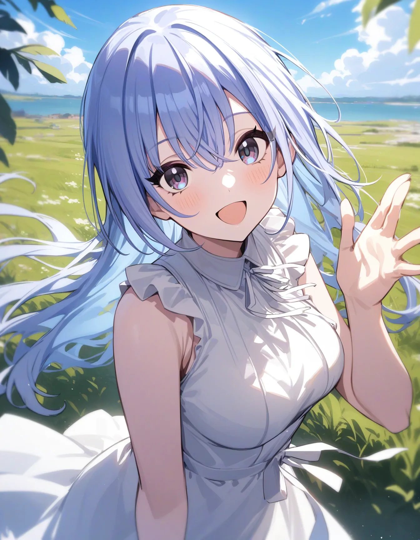 h_suzuki, 1girl, solo, long hair, dress, smile, looking at viewer, sleeveless, open mouth, white dress, blush, virtual youtuber, bangs, blue hair, :d, hair between eyes, outdoors, breasts, white ribbon, hand upmasterpiece, best quality, very aesthetic, absurdres <lora:a31_h_suzukiXL:1>