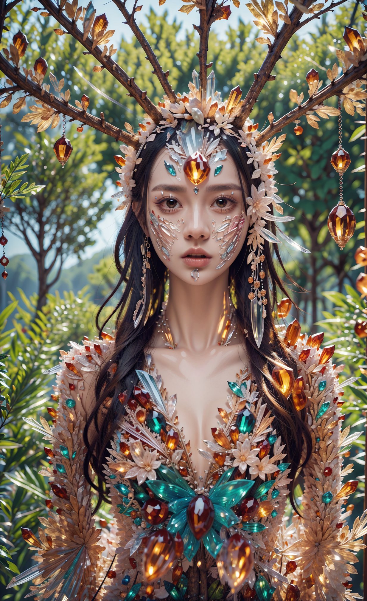 woman in a mythical forest,solo, masterpiece, perfect face,colorfulbackground,intricate details, horror theme