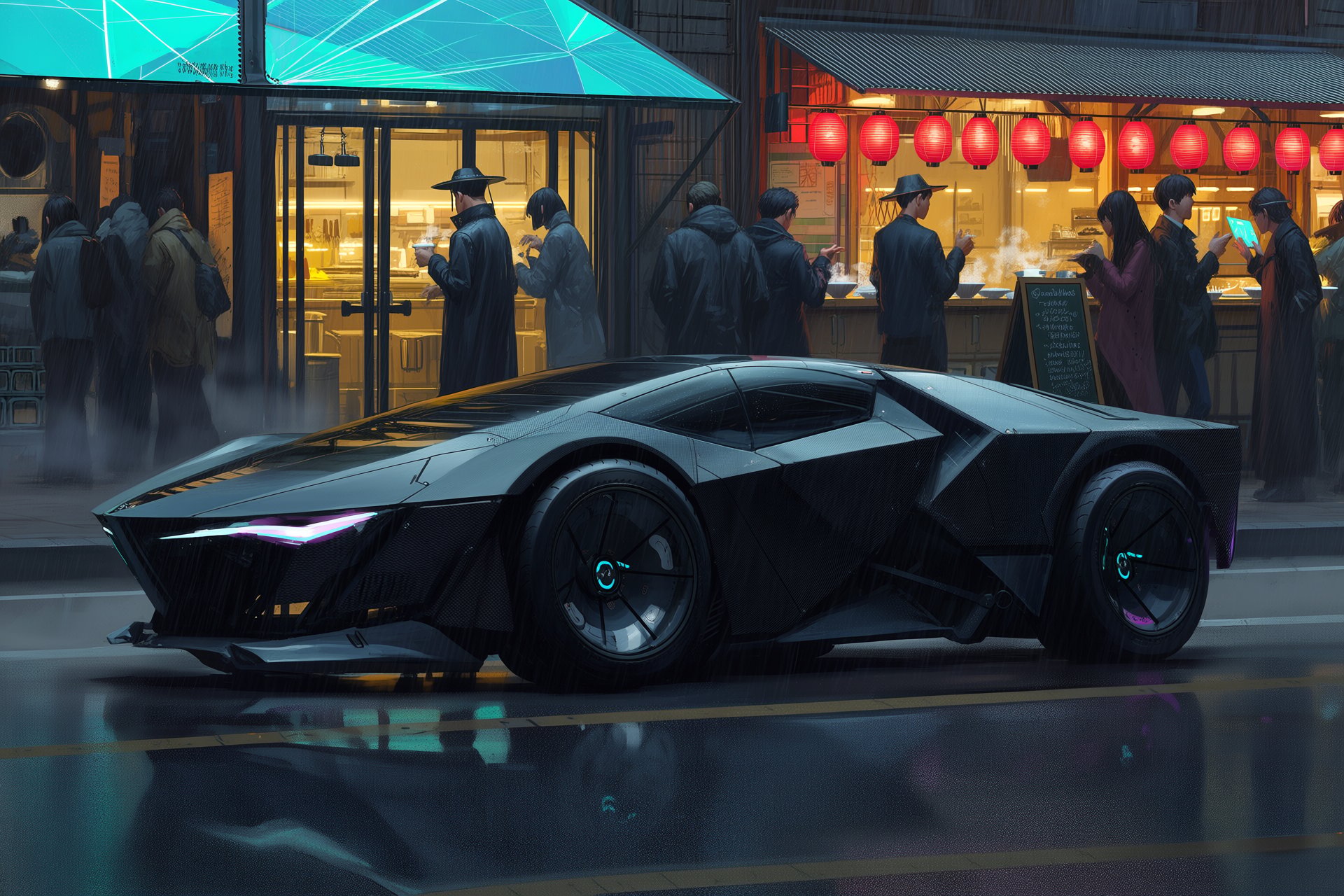 Low-angle wide shot capturing a wet asphalt street at night. Center foreground: a low-slung cyberpunk vehicle parked paral...
