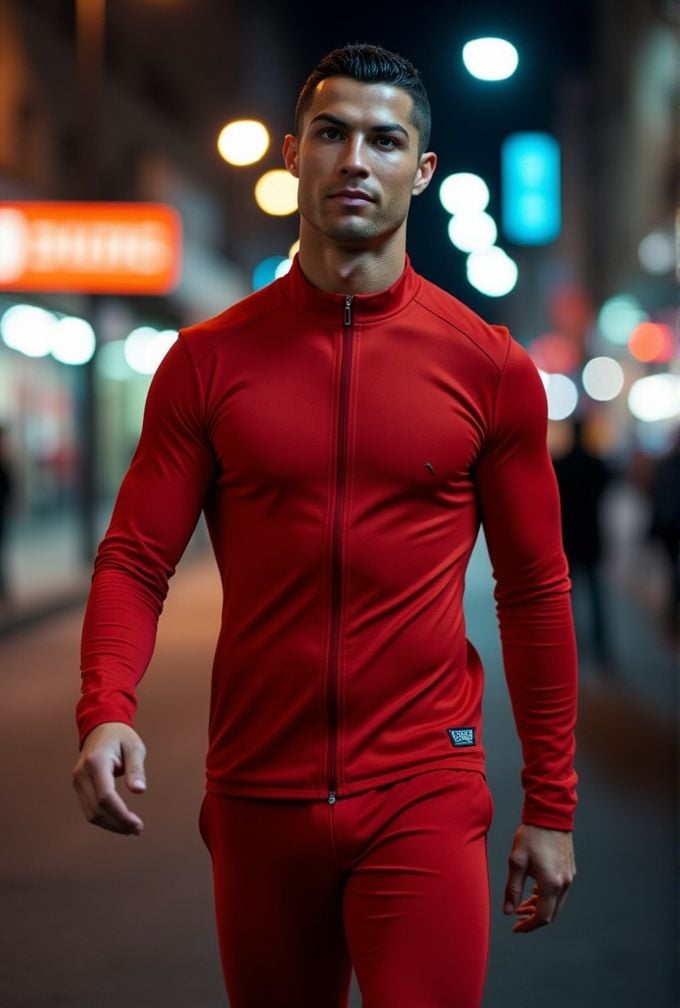 Cristiano Ronaldo ,  realistic photo in a worn ((skin-revealing skimpy erotic red tracksuit,  massive pecs)) by HottiesnHo...