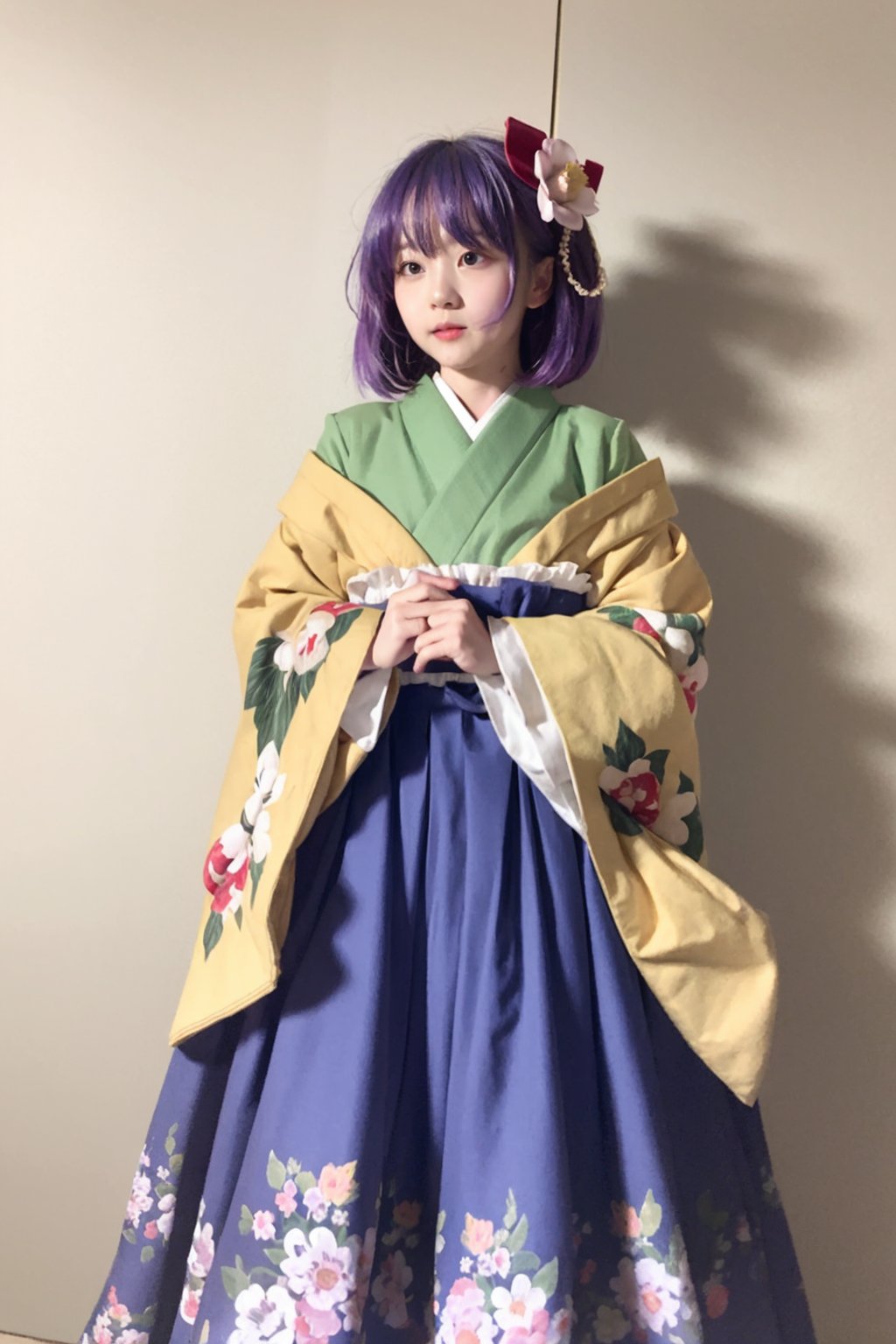 masterpiece, best quality, <lora:HiedanoAkyuu:1>,hieda no akyuu,1girl,short hair,purple hair, purple eyes, hair ornament, hair flower,japanese clothes, green kimono,wide sleeves, hakama,frilled skirt,red skirt,floral print,, 