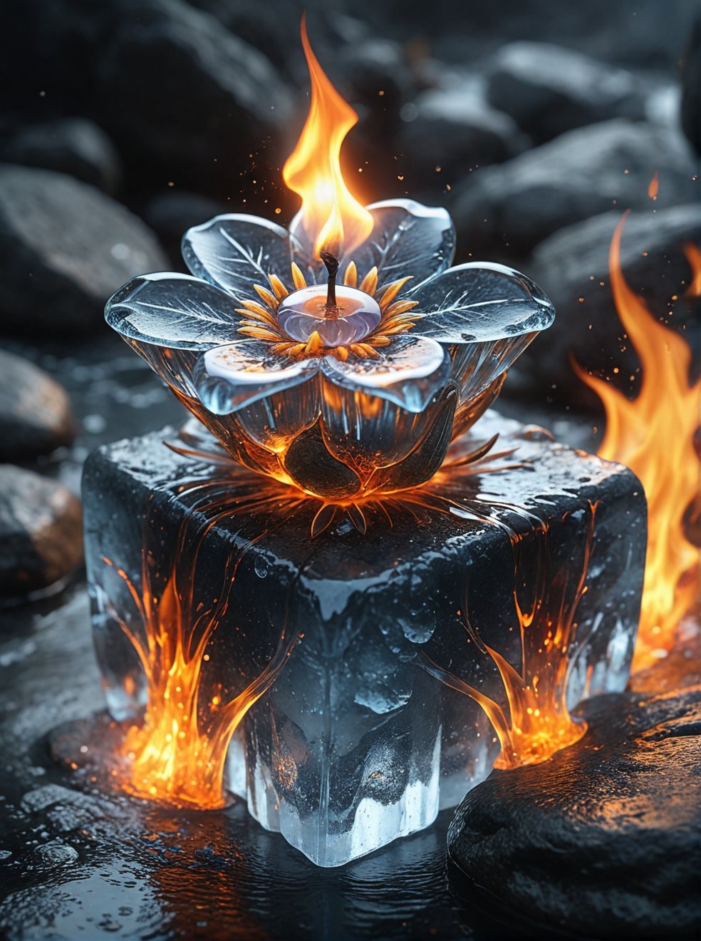 firemode,  ice flower on rock,  ice flower burning in flame by Jice on Tensor.Art