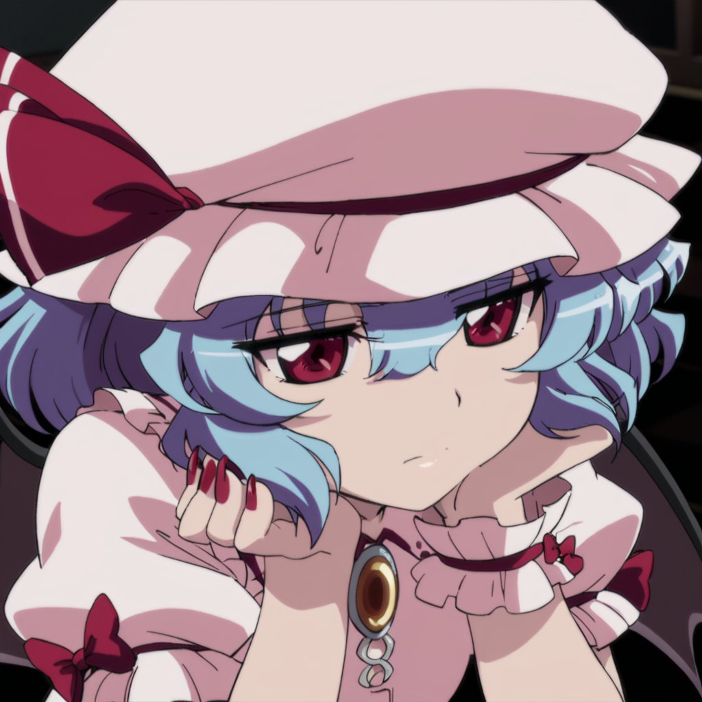 masterpiece, best quality, <lora:tgm-xl-a3.1:1>,remilia scarlet, hat, red eyes, blue hair, head rest, nail polish, red nails, 1girl, short hair, parody, solo, wings, wrist cuffs, mob cap, hat ribbon, ribbon, style parody, 2girls, close-up, bat wings, multiple girls, bow, bored, fingernails, closed mouth