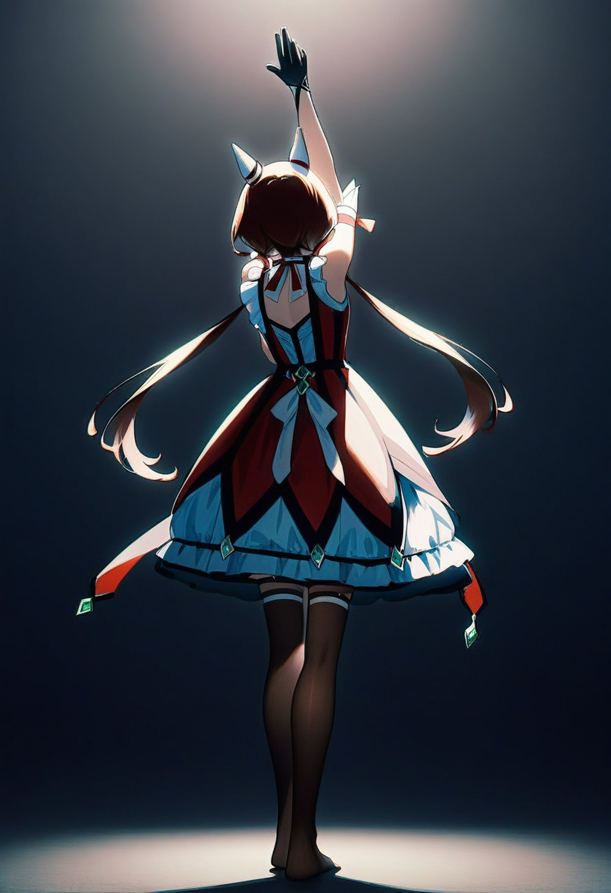 win variation \(umamusume\), red dress, standing, pose, dim light, wide shot, full body, sleeveless dress, twintails, solo, from behind, bow, striped clothes, black gloves, brown thighhighs, arm up, looking away, ear covers, no shoes, masterpiece, best quality, very aesthetic, absurdres<lora:UmaDiffusionXL_UAF-000010:0.7>