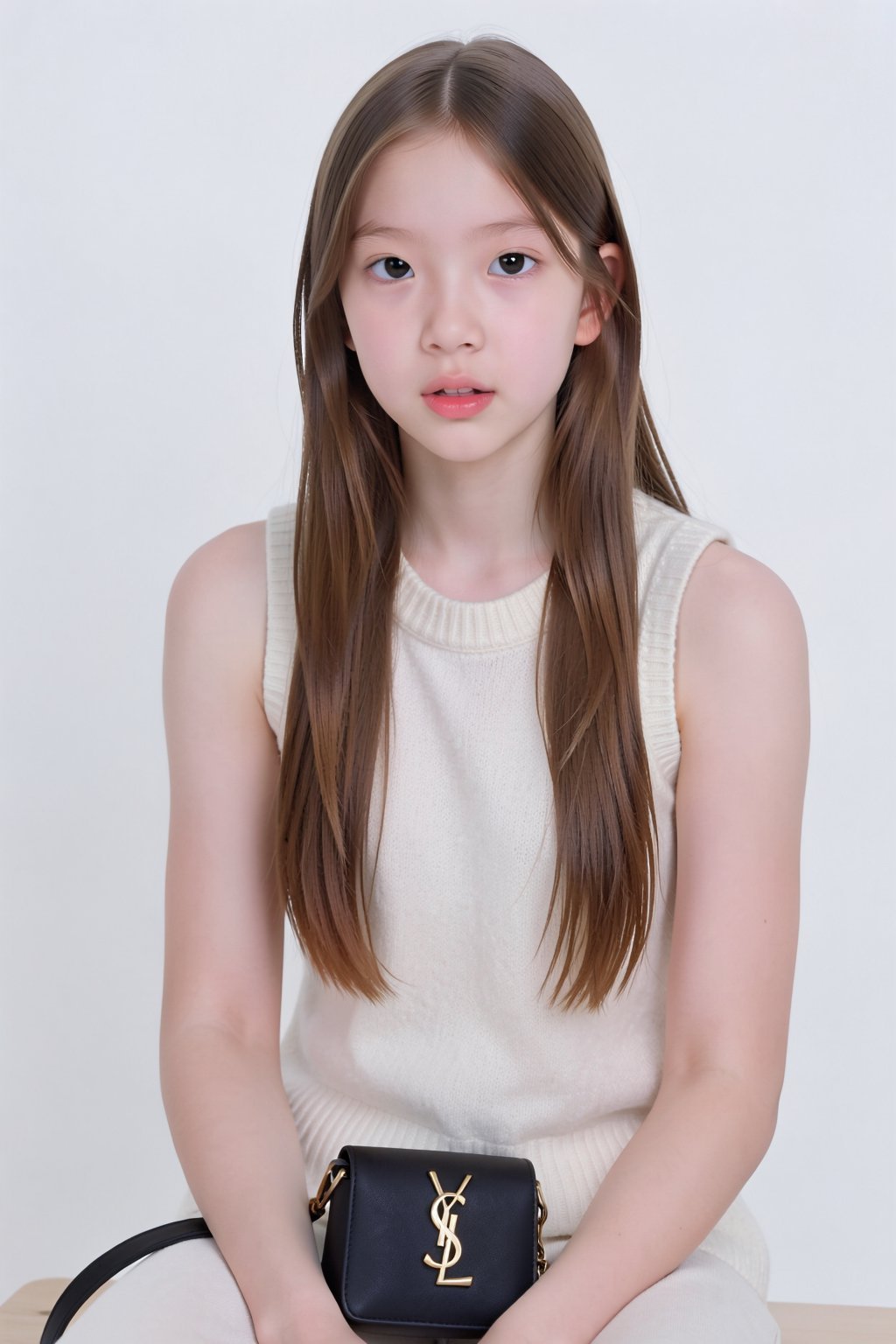 Photograph of a slender young woman with fair skin and long,  straight light brown hair. She has a delicate face with ligh...