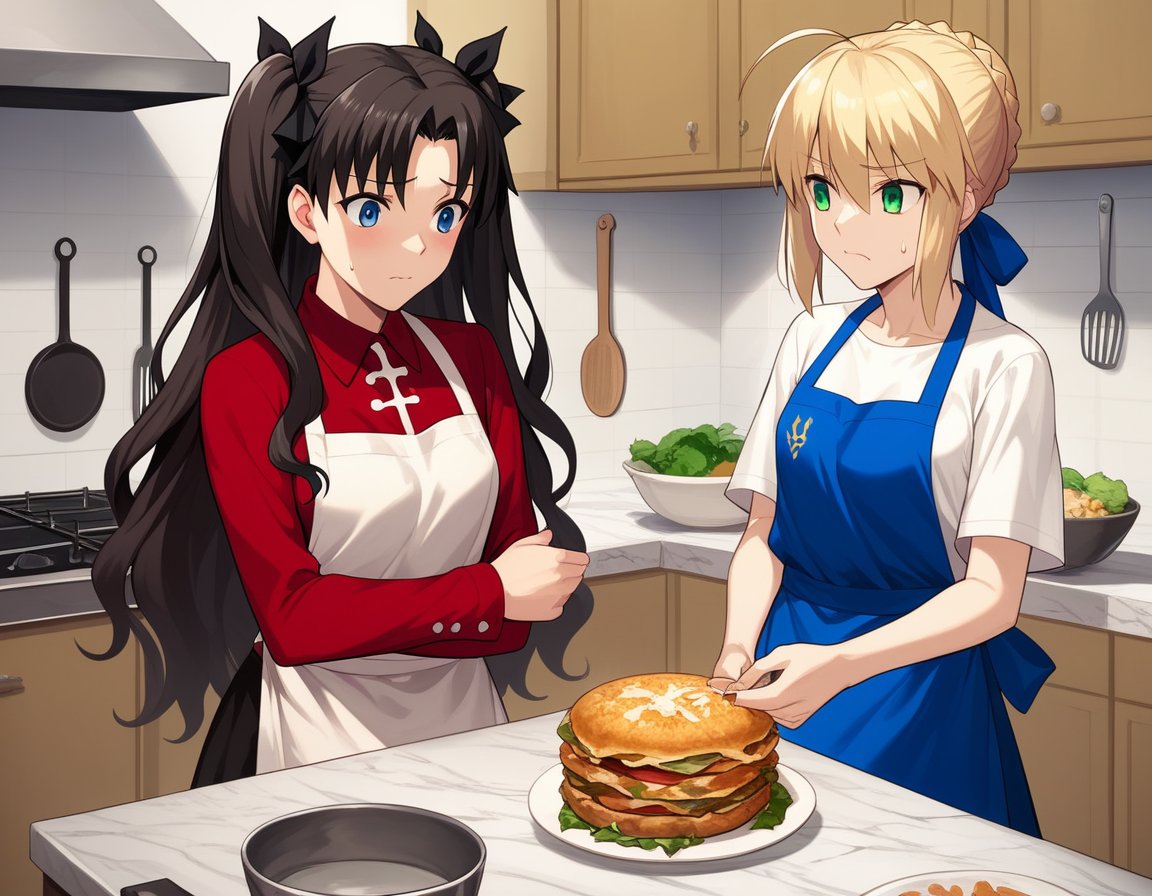 score_9, score_8, score_7, source_anime,rating_safe,2girls, kitchen, apron, sweatdrop, busy, worriedBREAKtohsaka rinBREAKartoria pendragon \(fate\), saber