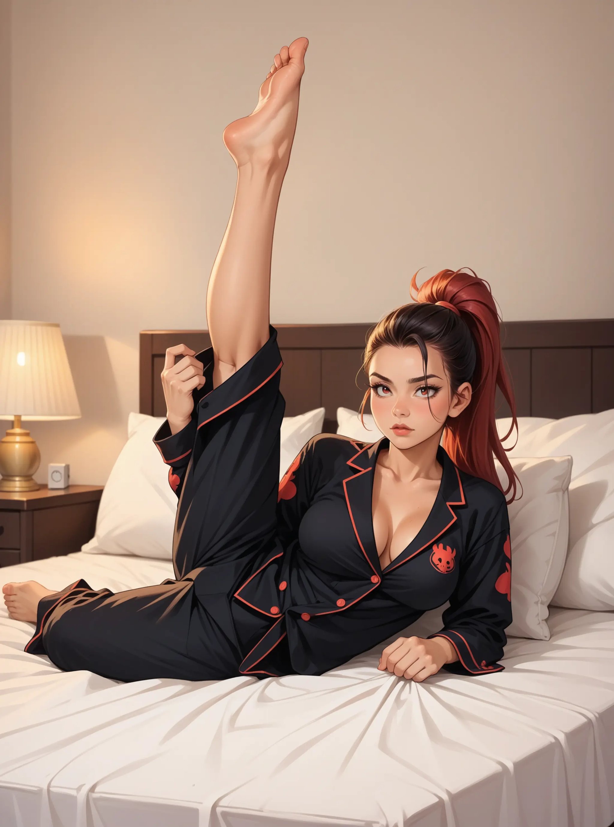 score_9, score_8_up, score_7_up, score_6_up, 1girl, solo, red Sleek High Ponytail hair, large breasts, black pajamas, hud_v_b_pse, lying, on side, leg up, flexible, <lora:legup:0.7>, bed, pillow, lamp