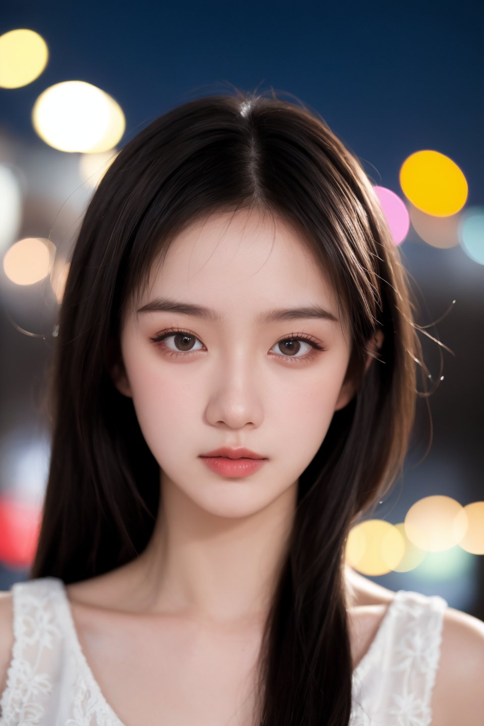 instagram photo, closeup face photo of 18 y.o  woman in dress, beautiful face, makeup, night city street, bokeh, 