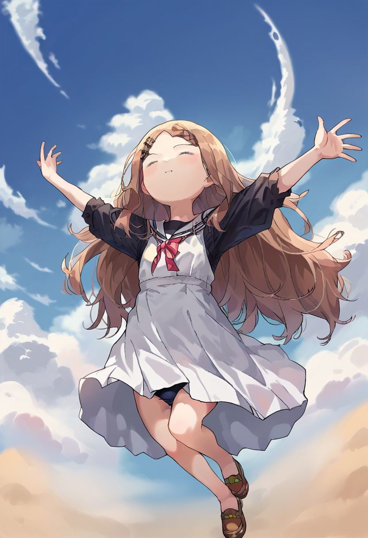 score_9, score_8_up, score_7_up, source_anime, aobakokona, cloud, hands up, black shirt, school uniform, swimsuit, white dress, closed eyes, outstretched arms, brown footwear, facing viewer