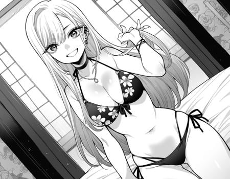 score_9, score_8_up, score_7_up, source_anime,marinkitagawa, <lora:marin-kitagawa-manga-ponyxl-lora-nochekaiser:1>,marin kitagawa, long hair, bangs, monochrome, greyscale,navel, cleavage, jewelry, swimsuit, bikini, earrings, choker, necklace, black bikini, side-tie bikini bottom, halterneck, black choker, piercing, floral print, ear piercing, string bikini, print bikini, multi-strapped bikini, barbell piercing, industrial piercing,indoors, bed, bed room, smile,looking at viewer, cowboy shot, dutch angle, solo,