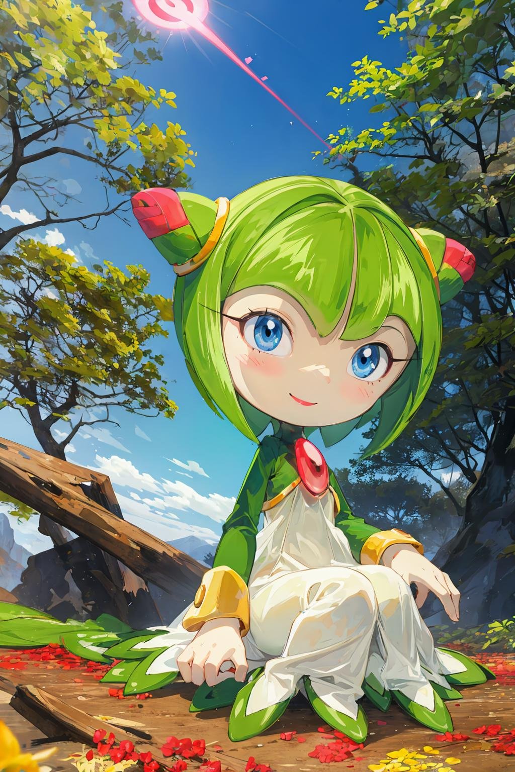 1girl, cosmotheseedrian, blue eyes, short hair, green hair, cone hair bun, dress, smile, sitting, forest <lora:cosmo:1>