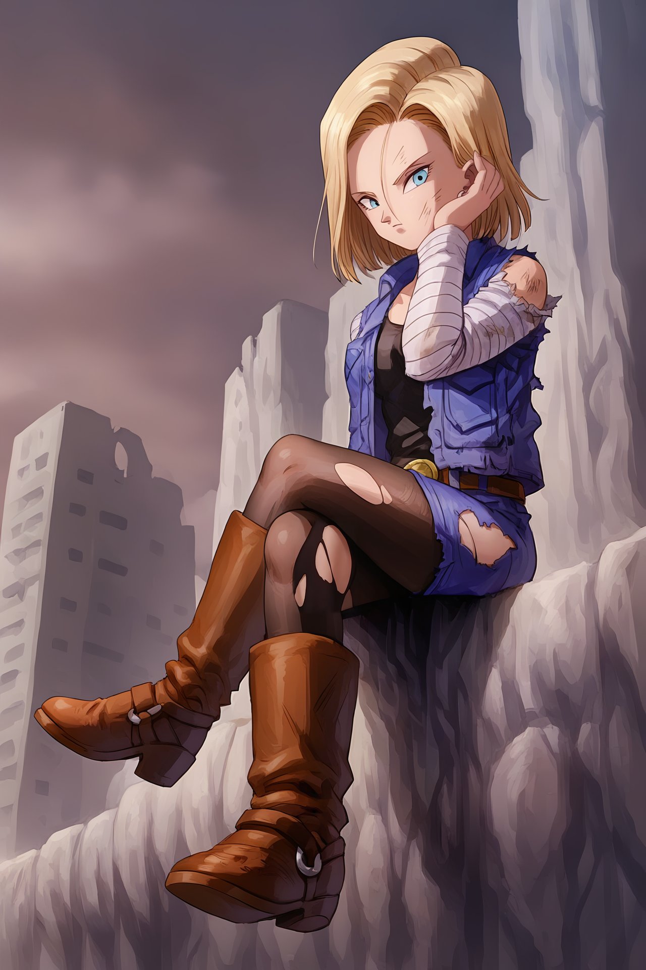 source_anime, score_9, score_8_up, score_7_up, anime screencap, high quality, android 18, android saga, 1girl, solo, looking at viewer, short hair, blue eyes, blue jacket, blue skirt, blonde hair, sitting on rock, pantyhose, boots, sky, belt, torn clothes, black legwear, brown footwear, crossed legs, denim, torn pantyhose, denim skirt, arm at side, bare shoulders, black shirt, denim jacket, dirty face, dirty clothes, hand in own hair, from side, from below, long sleeves, shoe soles, torn sleeves <lora:c18_pony:0.8>