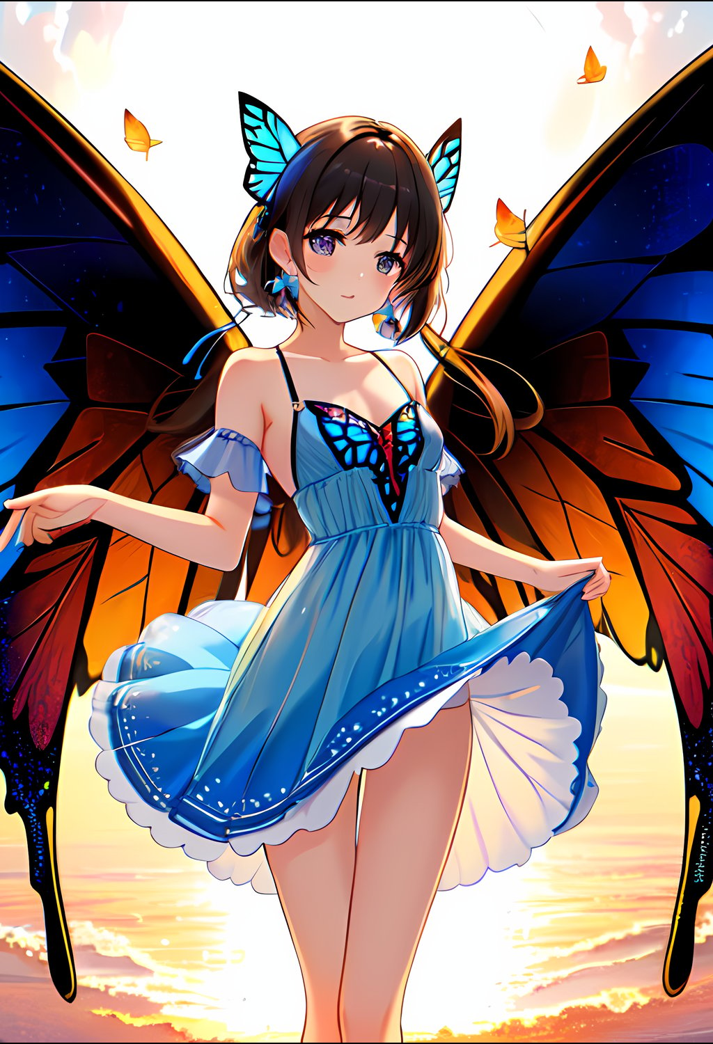 solo, girl, looking at viewer, half body, view from knees up, standing, standing straight, girl in full view, best quality, masterpiece, close up, small breasts, butterfly, dress, wings, wings attached to shoulders, hands behind back, hands hidden, <lora:Butterfly_clothing:1>