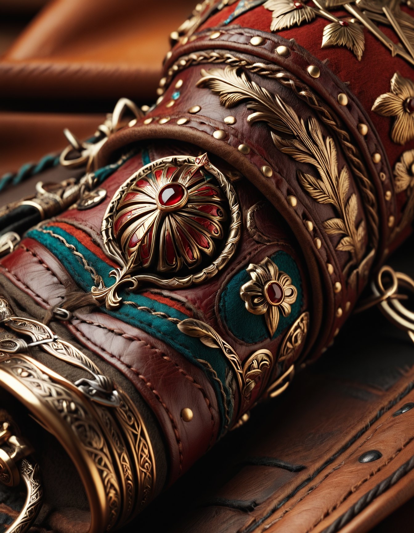 product photography of a colorful leather garb, zavy-lndskncht, masterpiece, award-winning, professional, highly detailed, atmospheric lighting, low key lighting, 100mm f/2.8 macro lens, fabric