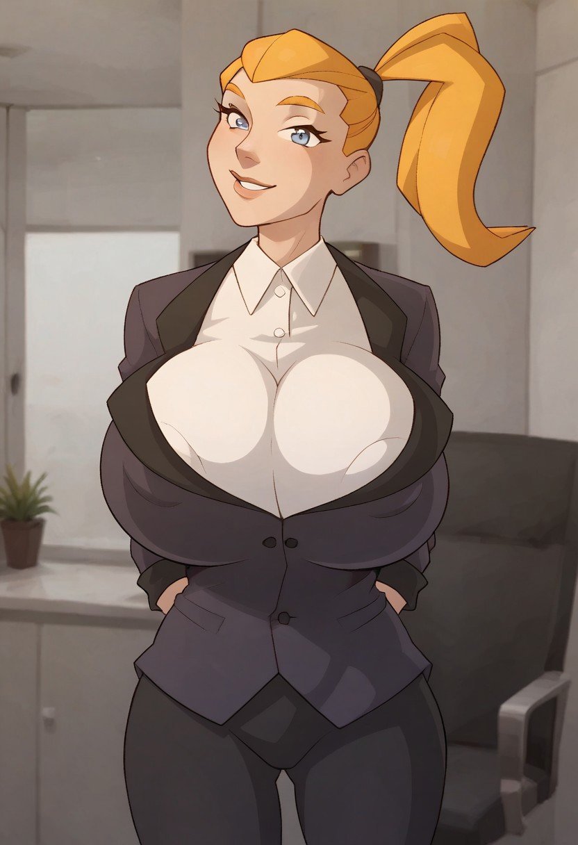 Score_9_up, score_8_up, score_7_up, BREAK, 1girl, solo, gloriagamnf, blonde hair, blue eyes, ponytail, suit, white shirt, black pants, large breasts, cleavage, hands behind back, looking at viewer, smile, office