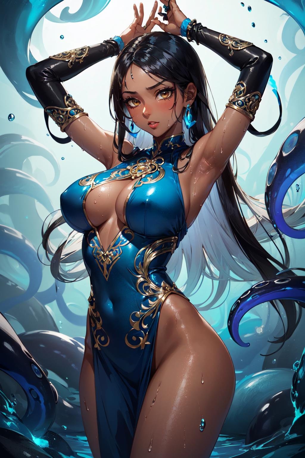 (masterpiece, best quality, hires, high resolution:1.2), (beautiful, aesthetic, perfect, delicate, intricate:1.2), (cute, adorable), (depth of field:1.2), (1girl, solo), (dark-skinned, dark skin, black skin, ebony:1.4), (sexy goddess of water), (a sexy woman emerging from the water), (glowing blue tentacles wrapped around her legs:1.4), (naughty expression:1.3), (eyeliner, eyelashes, eyeshadow, glossy lips), (long straight hair:1.4), (big breasts), (groin), (glossy skin, shinny skin, wet skin, sweaty, sweat drop), (ornate delicate dress:1.2), (ornate delicate armor parts), (arms up), (cowboy shot:1.4), <lora:Tentacles :1>, transparent tentacles, glass tentacles