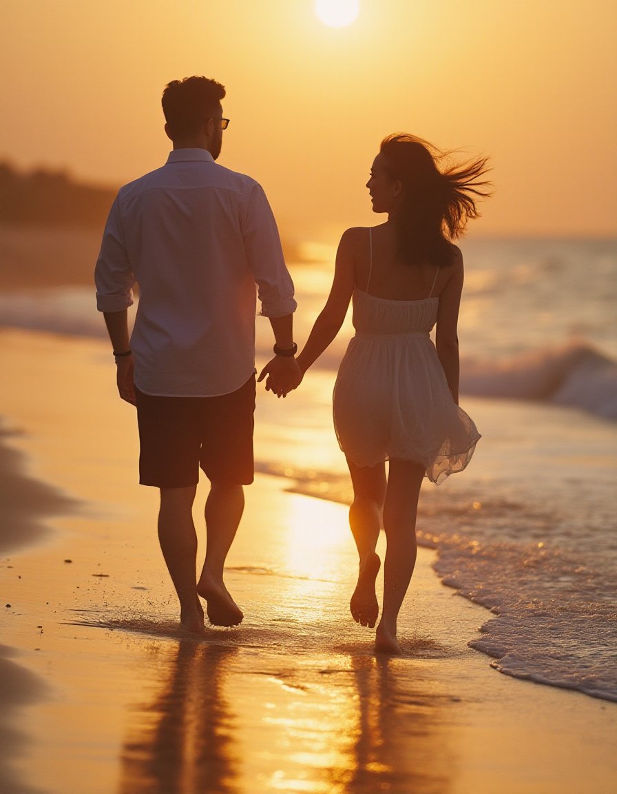 18 y.o chinese girl,super elegant,behind the perspective,a woman holding a man's hand,on the beach in the setting sun,running,from_below,from behind,