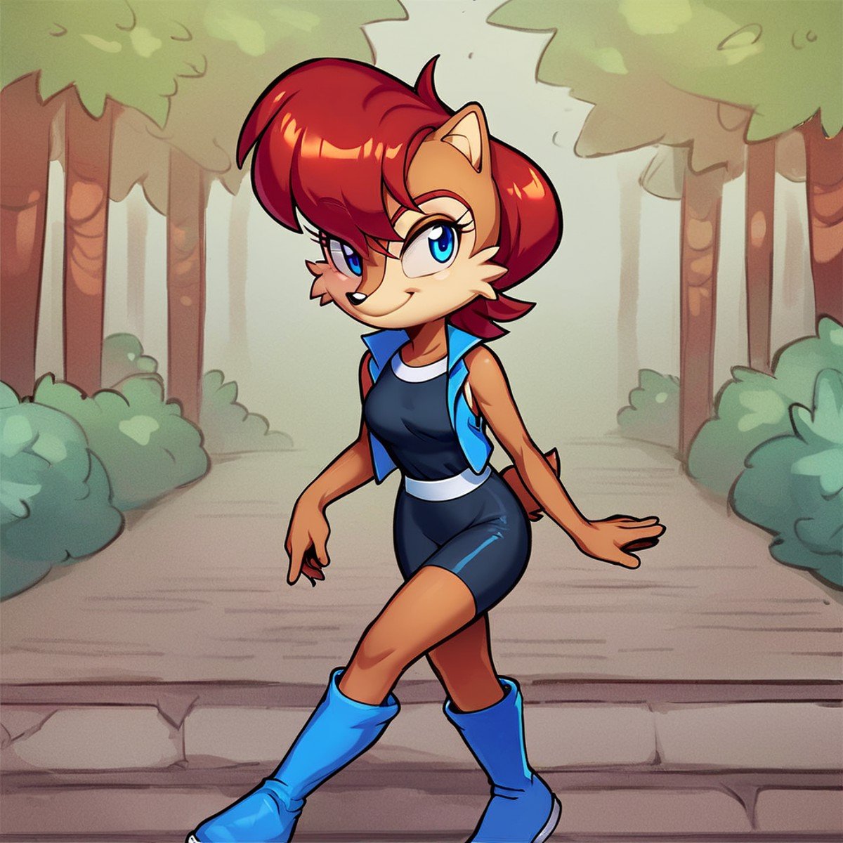 score_9, score_8_up, score_7_up, score_6_up, score_5_up, score_4_up, (Source furry), (rating questionable), <lora:SallyAcornpny:1>, sally acorn, blue eyes, red hair, short hair, bangs, smile, blue eyes, furry female, wearing black bike shorts blue vest black sleeveless shirt, blue boots white gloves, walking outside, sunny, 