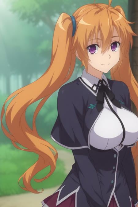 score_9, score_8_up, score_7_up, source_anime, solo, 1girl, looking at viewer, cowboy shot, <lora:HDxDHeroPdxlDwnsty-000004:1>, Irina Shidou, purple eyes, orange hair, long hair, twintails, ahoge, school uniform, white shirt,long sleeves, skirt,  capelet,smile, large breasts, skindentation,school yard, outdoors, sunlight, tree,