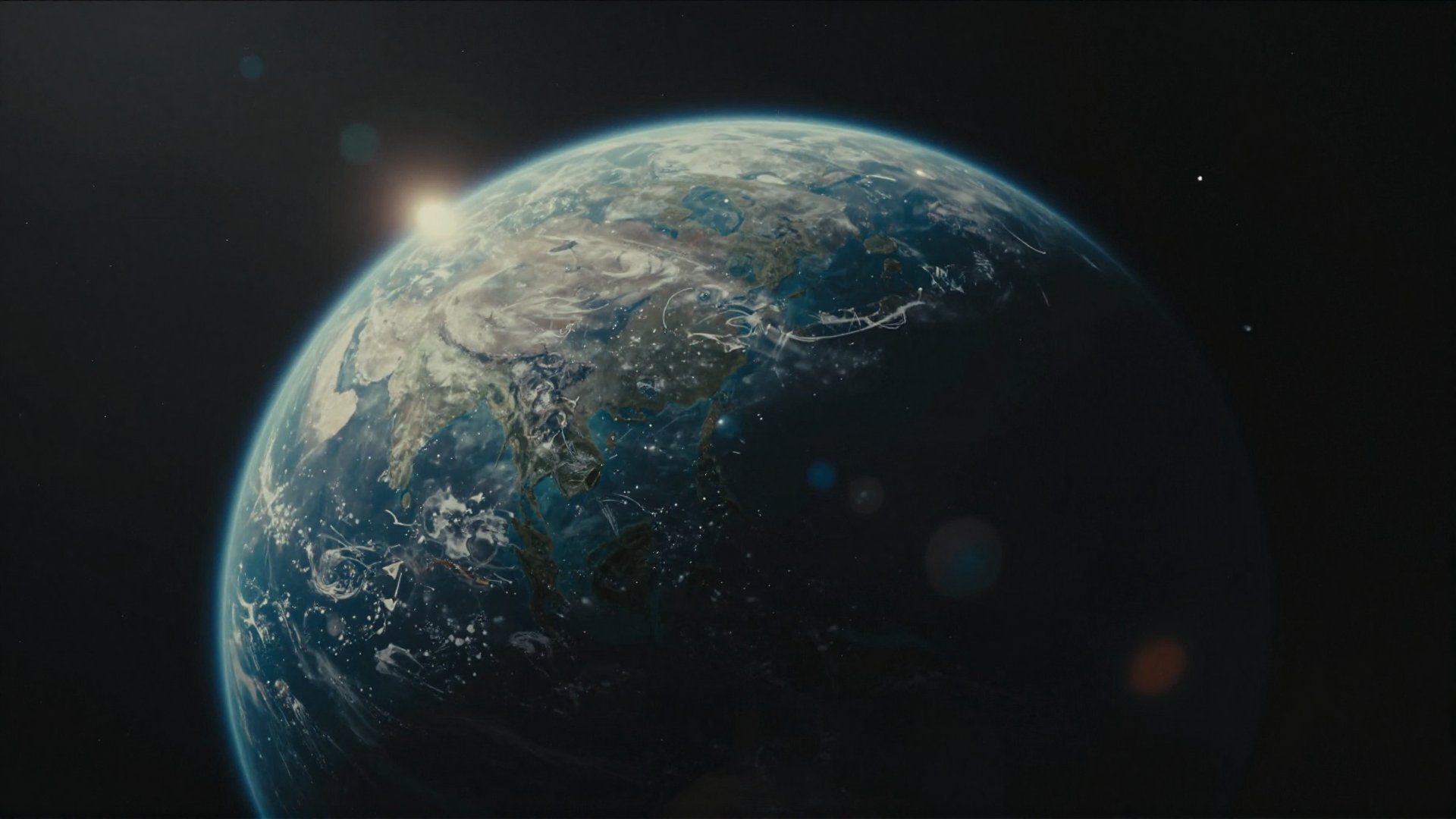 cinematic film still of cinematic style,  In 3D rendering style,  a dark themed image of a view of the earth from space at...