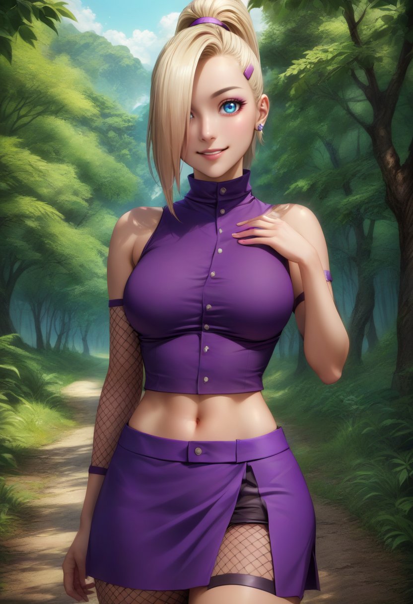 solo, 1girl, yamanaka ino, smile, looking at viewer, standing, hair over one eye, ponytail, hairclip, blue eyes, purple crop top, sleeveless, purple skirt, fishnets, earrings, midriff, outdoors, forest <lora:naruto_inoyamanaka_xl:1>