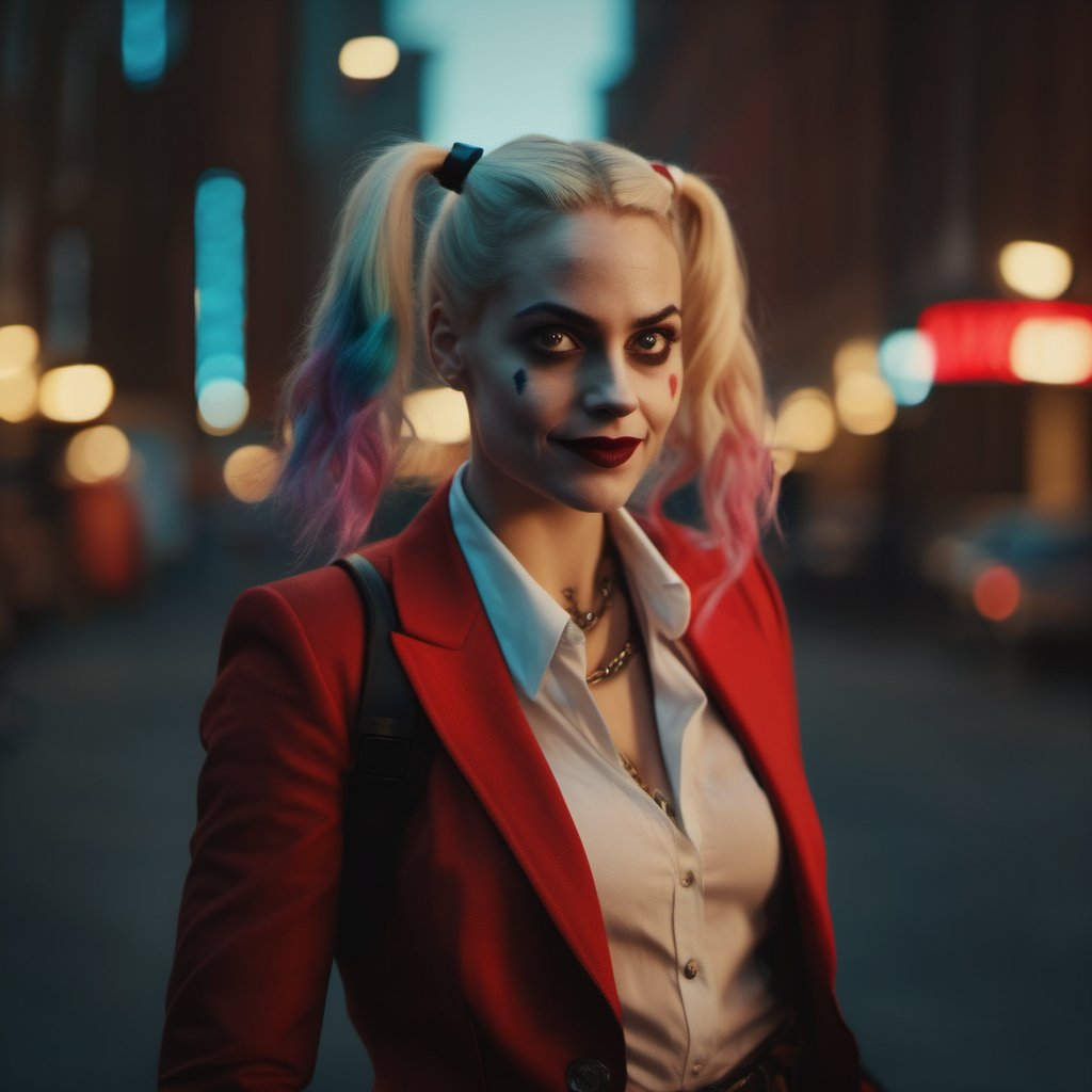 cinematic moviemaker style,A photorealistic Hyper realistic, Harley Quinn, suit fantasy, magical, 4k, epic lighting Lens saturation, Golden ratio, Captured with a Hasselblad X1D 50C, f1.9 <lora:mov24:1>