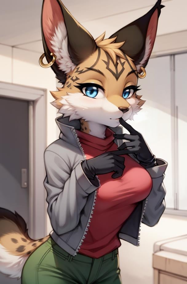 (anthro furry:1.2),1girl, solo,  MiyuCzar, female, lynx, (brown fluffy fur, lynx ears, blue eyes, small breasts, gold hoop ear ring), (grey jacket, pink shirt, green pants, gloves), (standing, blowing kiss,), (masterpiece:1.2), hires, ultra-high resolution, 8K, high quality, (sharp focus:1.2), clean, crisp, cinematic, <lora:Miyu1-12:1>