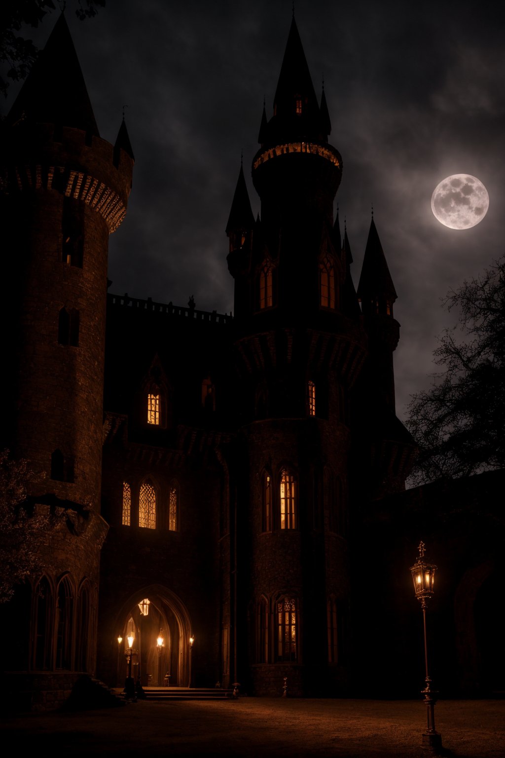 Wide angle photorealistic highly detailed 8k raw photo, (Dimly lit, opulent castle perched:1.3), Cinematic shadows, Ancient halls, (Count Dracula emerges:1.2), Aristocratic charm, Malevolence, (Vampiric hunger:1.3), Gothic opulence, Timeless evil, Ethereal moonlight, Crimson eyes, (Insanely detailed:1.3)