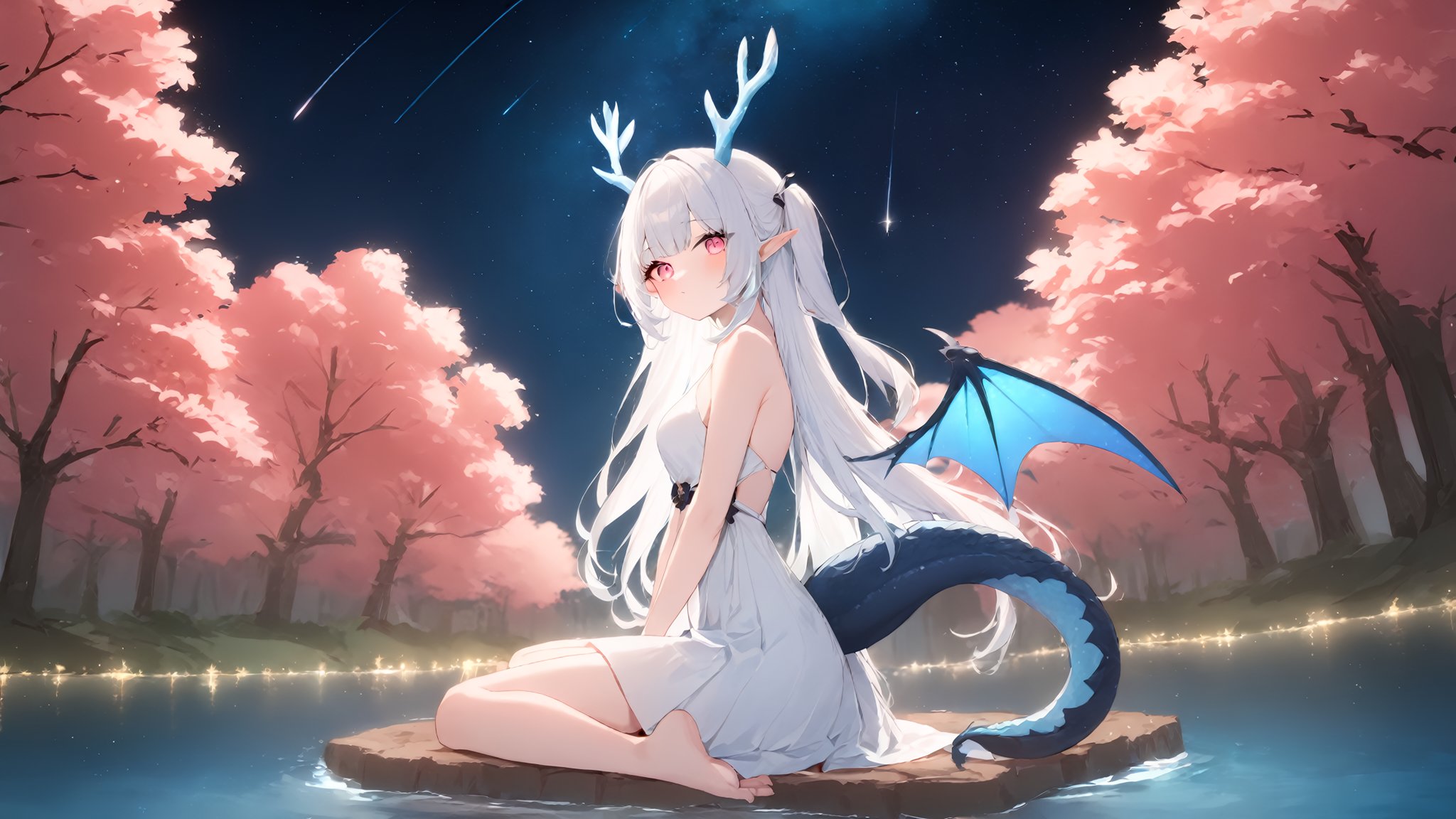 1girl,masterpiece, best quality, recent, newest, absurdres, sensitive,horns, solo, long hair, wings, night, sitting, sky, starry sky, tail, side up, antlers, pink eyes, barefoot, outdoors, wariza, night sky, water, dragon tail, white hair, dragon horns, dragon girl, very long hair, bare shoulders, closed mouth, pointy ears, bangs, shooting star, bare legs, bare arms, river, lake, sakura trees, waterfall, white dress, multicolored hair, blue hair