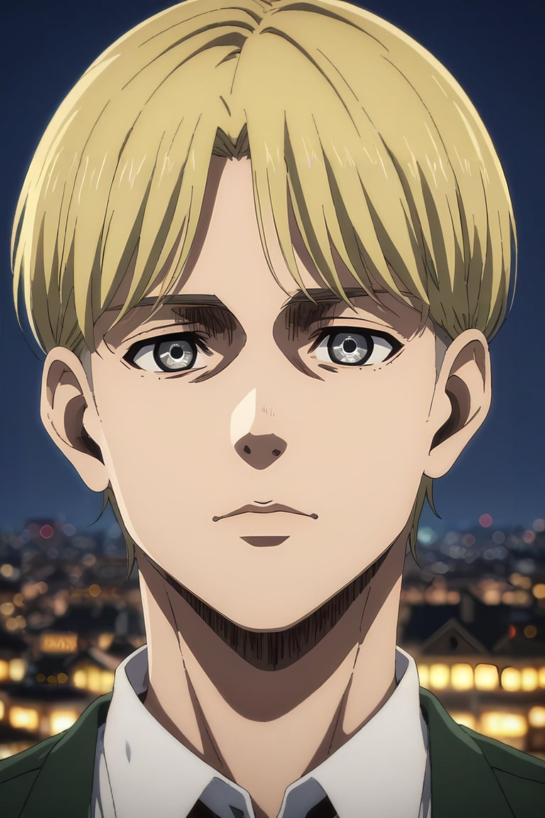 score_9, score_8_up, score_7_up, source_anime, rating_safe, , , looking at viewer, depth of field, 1boy, male focus, grey eyes, yellow hair,, solo, focused, city, city lights, dusk, slouching, :D, <lora:shingeki_no_kyojin_s4_style_pony:0.94>, shingeki_no_kyojin_s4_style, <lora:sdxl_lightning_8step_lora:1>