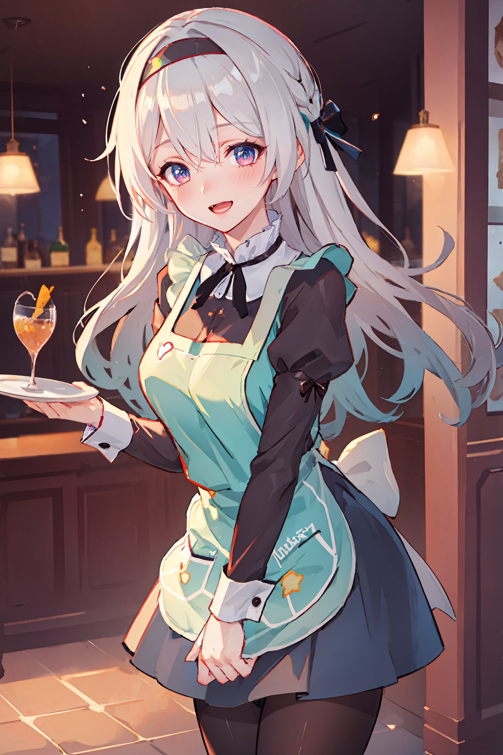 1girl, firefly \(honkai: star rail\), hairband, solo, maid, maid headdress, maid apron, smile, pantyhose, open mouth, blush, smile, open mouth, holding plate, looking at viewer, cowboy shot, bar \(place\), indoors, depth of field