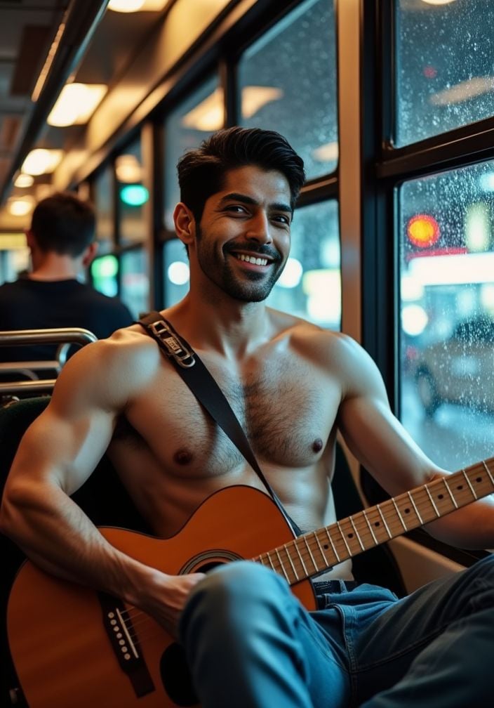 Smaran Sahu ,  playing guitar shirtless in a bus,  background is rainy weather by HottiesnHotties on Tensor.Art