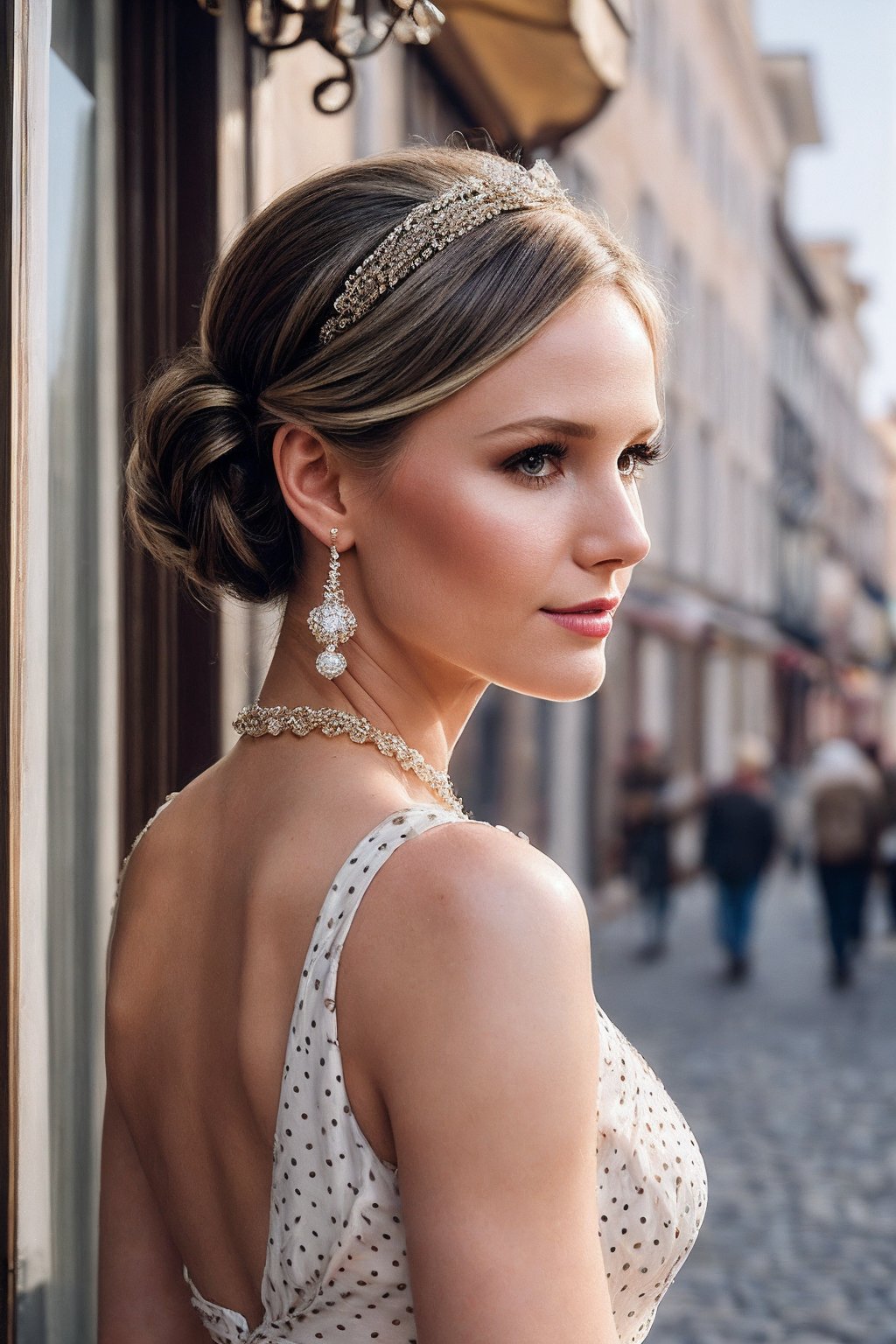 KristenB_SoloTI_v1,  (Clad in a retro polka-dot dress with a cinched waist and pearl accessories,  complemented by a class...