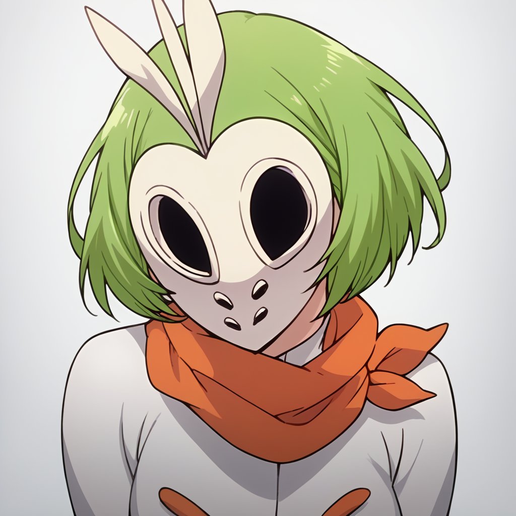 score_9, score_8_up, score_7_up, score_6_up, score_5_up, score_4_up, mashirokuna, portrait, 1girl, green hair, short hair, orange scarf, white bodysuit, (from side:0.55), looking at viewer, simple background, mask, hollow_mask, , Negative prompt: low quality, bad quality, 3d, sketch, Steps: 25, Sampler: Euler a, CFG scale: 5.0, Seed: 1150111138, Size: 1024x1024, Model: animeModel_amorev2PDXL, Clip skip: 2,