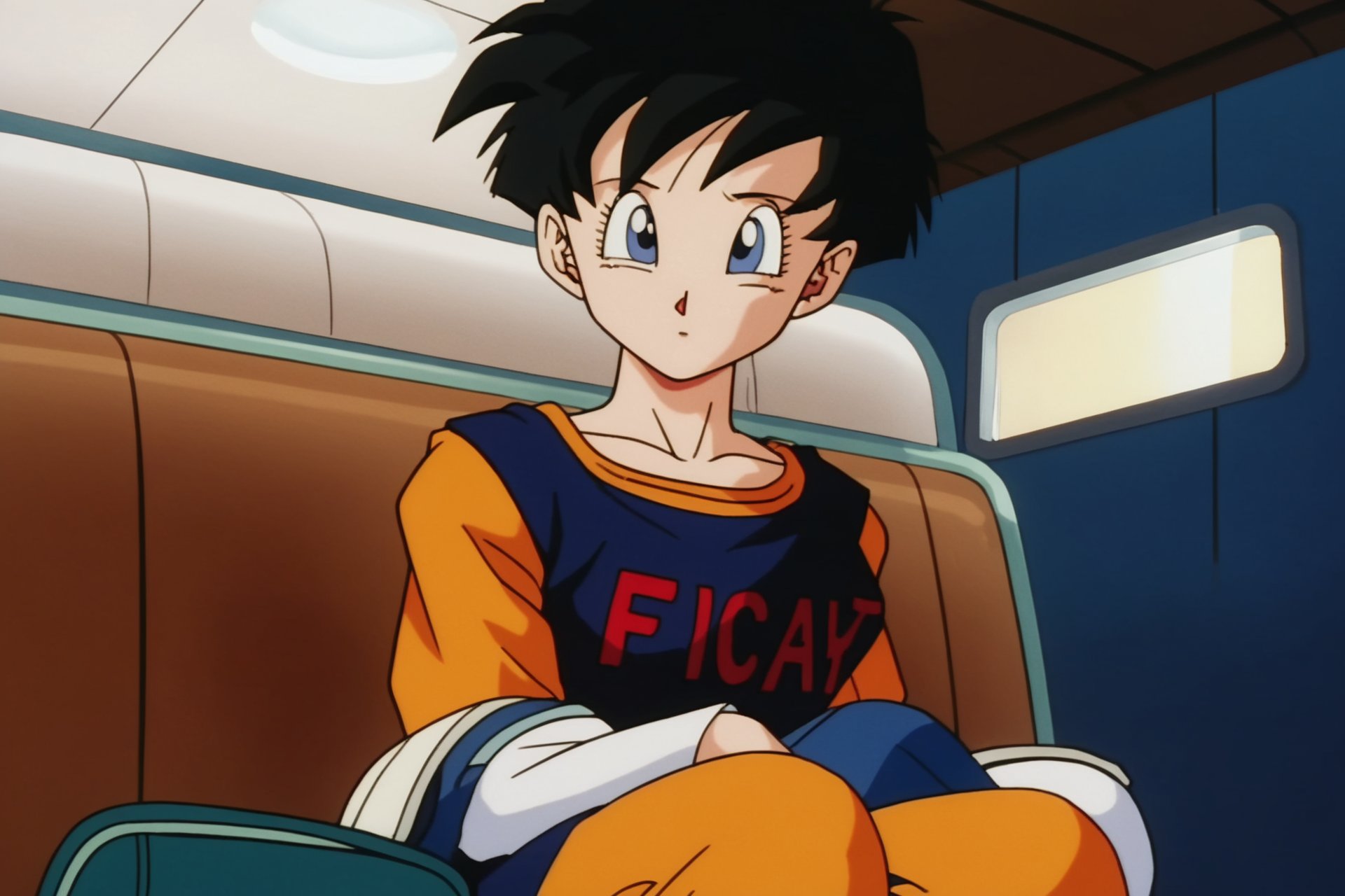 source_anime, score_9, score_8_up, score_7_up, anime screencap,videldbz, 1girl, solo, looking at viewer, short hair, blue eyes, black hair, long sleeves, sitting, indoors, clothes writing, retro artstyle, 1990s \(style\), car interior, blue dress, dress, orange shirt, looking at another, hands on lap, undershirt, collarbone, pants, spiked hair, worried, eyelashes,<lora:Videl_pony_v1:0.8>