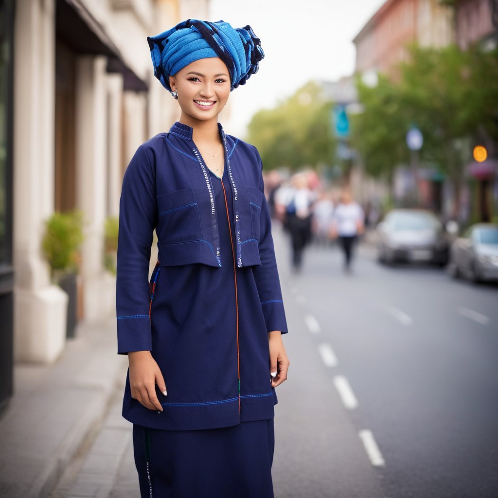 cinematic film stillFull body shot,photo of a 19 year old blonde nordic woman, standing on a busy street in their capital city, navy blue paoh traditional dress, turban, rokiah dress, highly detailed skin with hair,  perfectsmile smile,fit,abs,bright light,hard shadows, shallow depth of field, vignette, highly detailed, high budget Hollywood film, cinemascope, moody, epic, gorgeous, <lora: rokiah_dress:0.9>