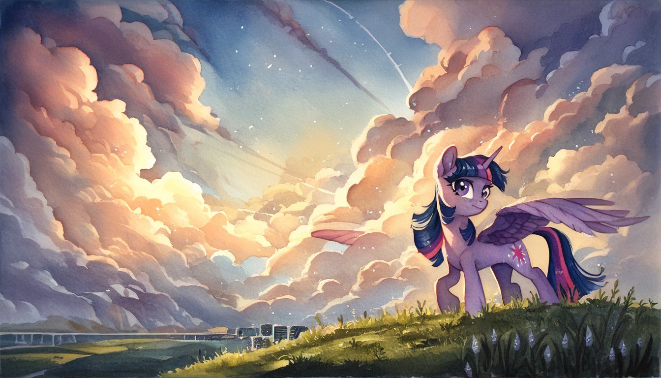 score_9, score_8_up, score_7_up, score_6_up, score_5_up, score_4_up, rating_safe, twilight sparkle, alicorn, female, mare, pony, solo, beautiful, g4, grass, scenery, sky, vertigo, backlighting, twilight sparkle \(alicorn\), watercolor painting, traditional art, detailed, beautiful, <lora:MLP_Watercolor_Painting_v1-000006:1>