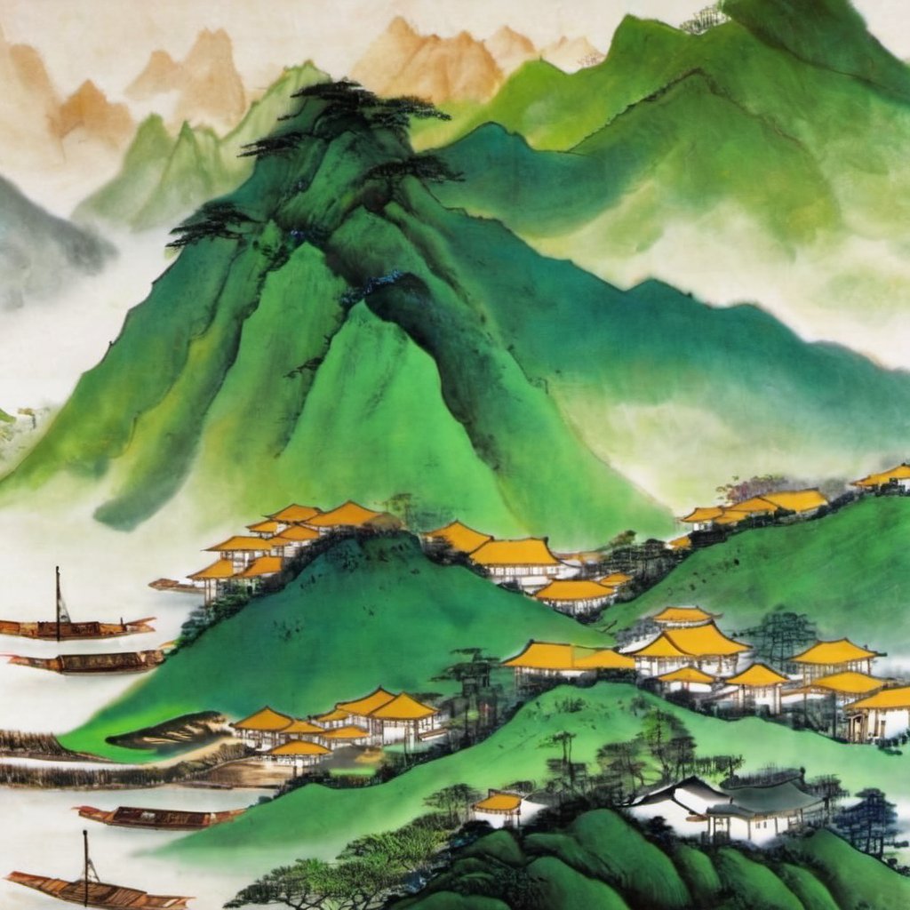 shanshui, no humans, scenery, watercraft, mountain, building, traditional media, tree, outdoors, <lora:山水风景_国画XL:1>, masterpiece, best quality,