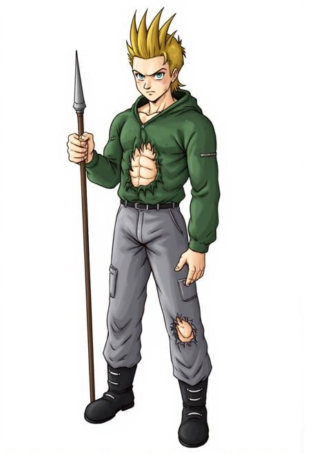 Xsiestx ,a man , white background, portrait,  green chaket broken in abs,  grey pants proken in knee , belt , spear