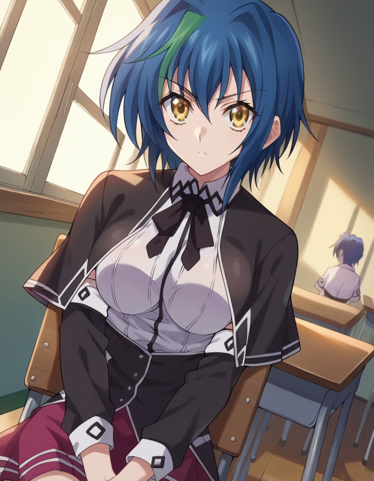 score_9, score_8_up, score_7_up, source_anime,xenoviaquarta, <lora:dxd-xenovia-quarta-ponyxl-lora-nochekaiser:1>,xenovia quarta, short hair, blue hair, yellow eyes, multicolored hair, green hair, two-tone hair, streaked hair,shirt, ribbon, school uniform, white shirt, black ribbon, neck ribbon, capelet, black capelet, long sleeves, skirt, red skirt,indoors, classroom, sitting, desk, chair,looking at viewer, dutch angle, cowboy shot,