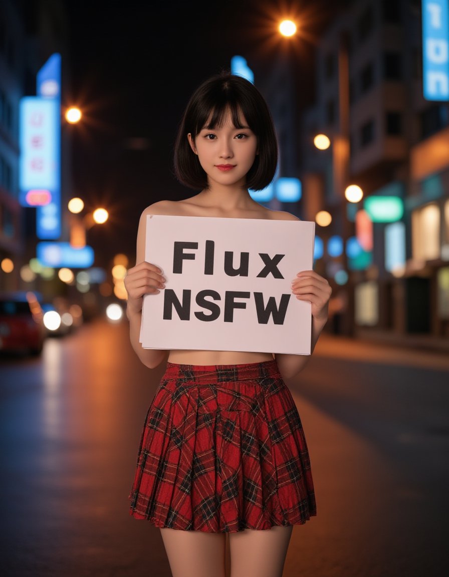 A hyper-realistic photograph of an incredibly beautiful 18-year-old Chinese girl with short,stylish black hair,standing confidently on a dimly lit urban street at night. She is facing the viewer directly,with a super elegant and strong posture. The girl is topless,but she modestly holds a large piece of paper flatly in front of her chest,strategically covering her breasts. The paper prominently displays 'Flux NSFW' in bold,large lettering,making it easily readable and adding emphasis to the message. She is wearing a red plaid pleated mini skirt that adds a touch of youthful energy to her look. Her face,embodying cure beauty and exuding a (Charming Face:1.2),is focused on the viewer,creating a captivating connection. The streetlights cast a soft,warm glow on her smooth,porcelain-like skin,while the distant neon signs flicker in the background,reflecting off the wet pavement. The scene captures the subtle details of her skirt and the natural elegance of her pose,creating a lifelike,almost indistinguishable-from-reality effect. The overall atmosphere is one of quiet intensity,with the urban nightscape enhancing the sense of elegance and purpose in her presence.,(a faint smile:0.5),8k,triangular face,