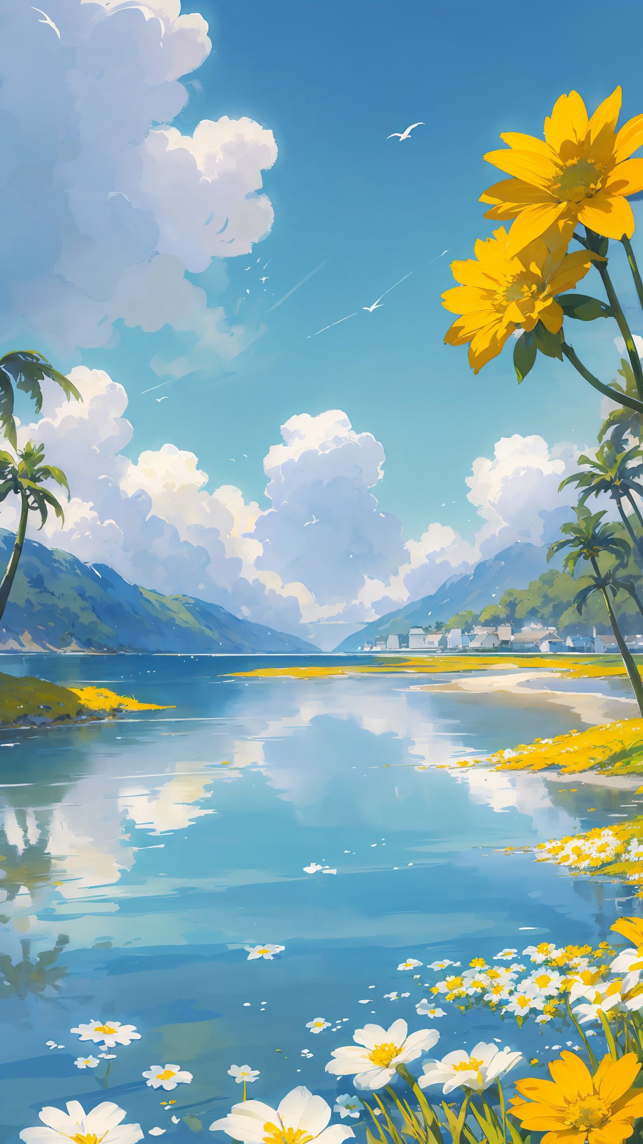 outdoors,flower,scenery,day,white flower,sky,ocean,tree,water,blue sky,grass,solo,standing,field,yellow flower,wide sho,<lora:SHUICAI:0.8>,<lora:2SHUICAI:0.8>,