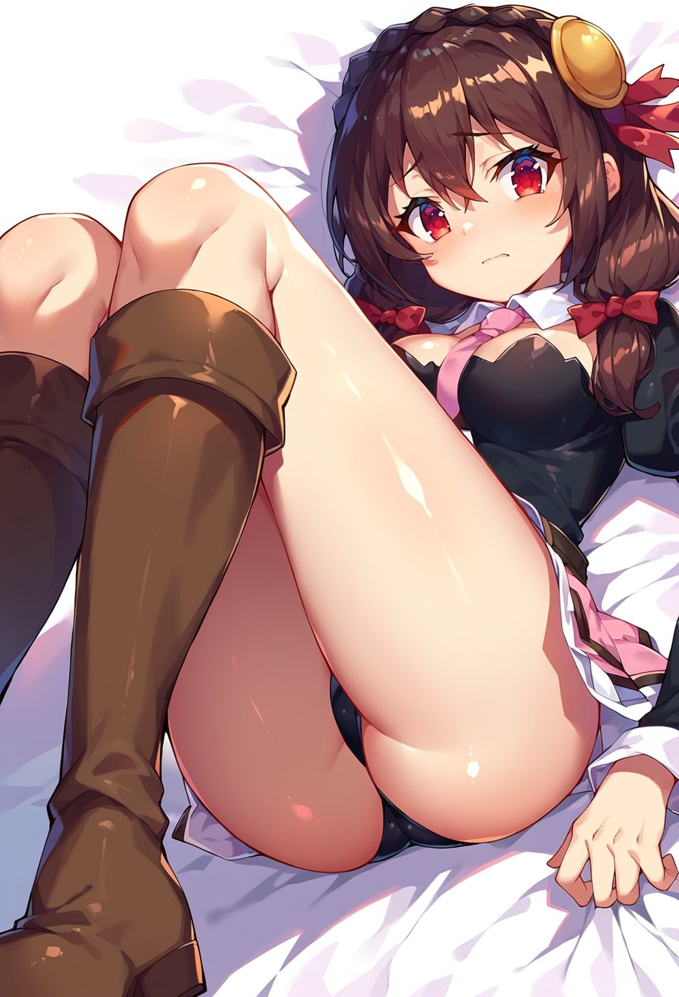 score_9, score_8_up, score_7_up, score_6_up, source anime, BREAK<lora:konosuba_yunyun:1> nuynuypnxl, yunyun, 1girl, solo, close-up,looking at viewer, boots, ass, blush, shiny skin, closed mouth, on back, medium breasts, knee boots, twintails, lying, hair between eyes, cleavage, ribbon