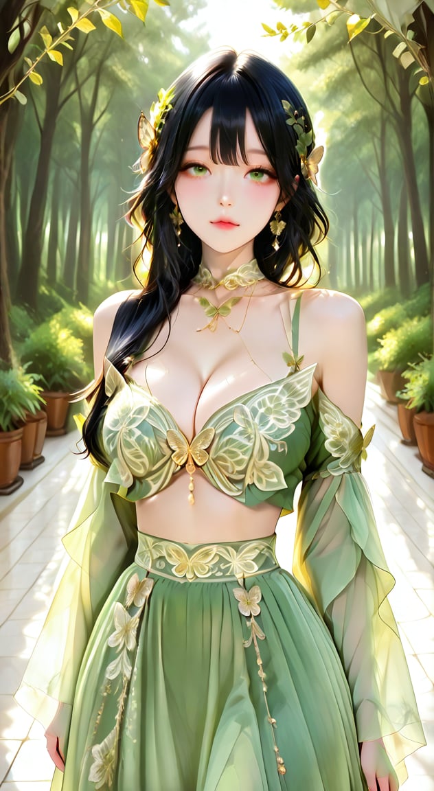 xg1,  two-piece forest fairy elf costume,  sage green cropped butterfly bustier top with intricate gold lace embroidery by...