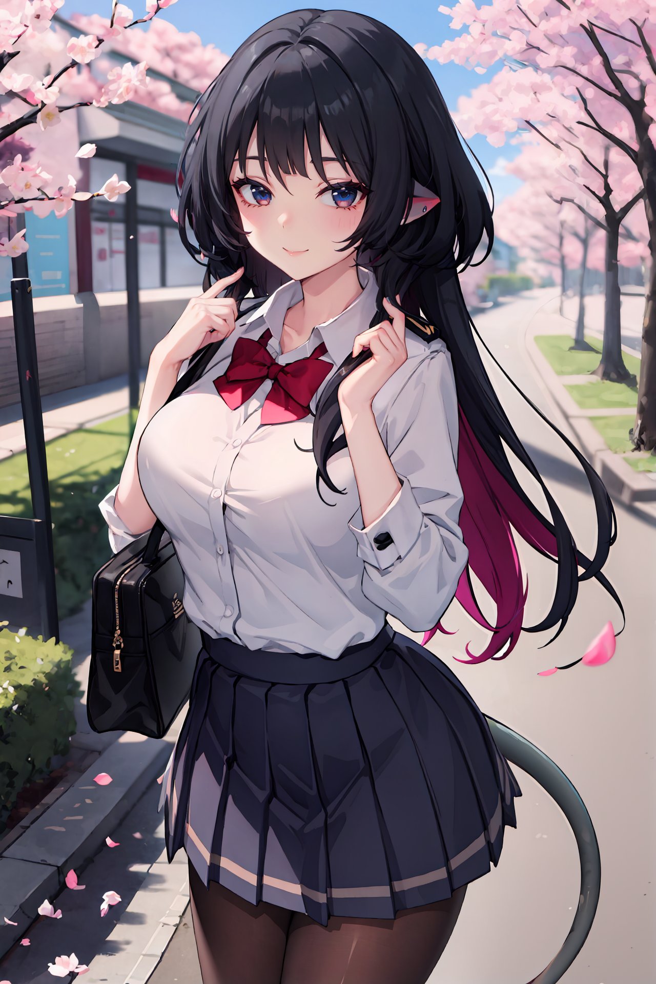 1girl, jane doe \(zenless zone zero\), long hair, solo, school uniform, white shirt, sweater, pleated skirt, pantyhose, outdoors, street, cherry blossoms, petals, depth of field, seductive smile , looking at viewer, tail