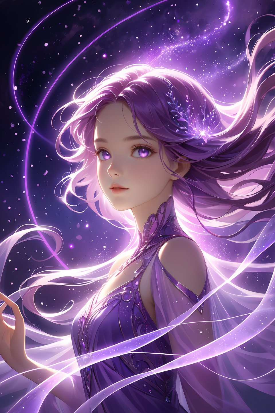 particle style,upper body portrait,She stands in a haze of purple ethereal lights,her silhouette outlined in a mysterious glow,a goddess descending from the heavens. The purple ethereal lights dance around her,creating a dreamlike aura that enhances her ethereal beauty. Her eyes sparkle with purple ethereal lights,as if containing the secrets of the universe,drawing one into a world of wonder. Her hair flows gracefully in the purple ethereal lights,adding a touch of enchantment to her already captivating appearance. With every movement,the purple ethereal lights seem to intensify,highlighting her elegance and grace.glowing,