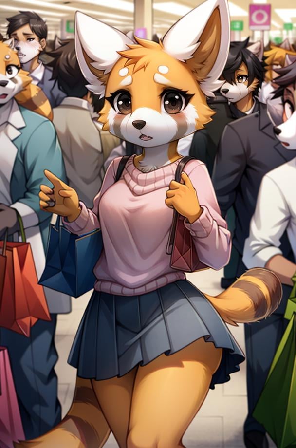 1girl, RetsukoCzar, (two-toned fur, orange fur, black eyes, whiskers, animal ears, racoon tail, striped tail, snout), (skirt, sweater, purse, shopping bags), (interior, shopping center, signs, sale signs, clothing, crowd, crowded, mannequin), (masterpiece:1.2), hires, ultra-high resolution, 8K, high quality, (sharp focus:1.2), clean, crisp, cinematic, <lora:Retsuko-20:1>